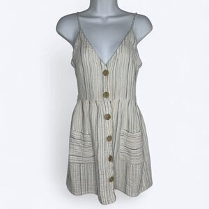 Zara Button Front Mini Dress Sz S? Cream Striped No Belt Distressed Cottagecore